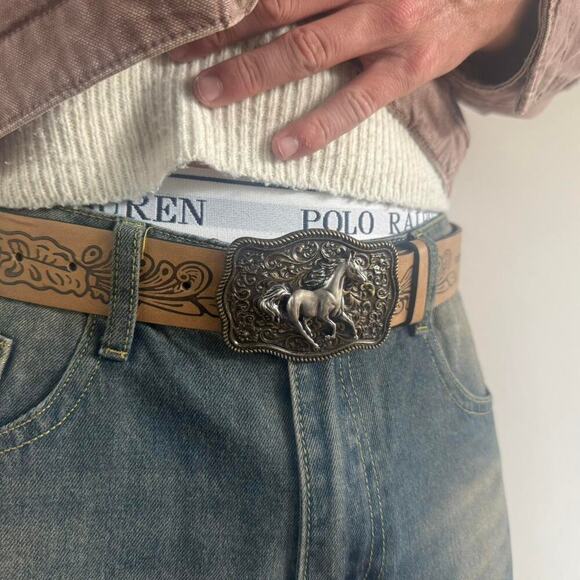 Vintage Tan Brown Western Belt – Horse Buckle, Adjustable 26–34, Unisex, New - Picture 7 of 7